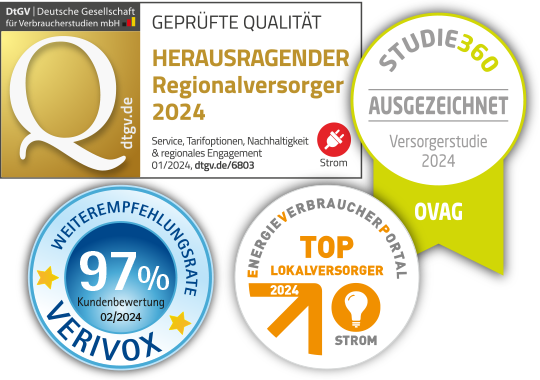 Auszeichnungen: Herausragender Regionalversorger 2021 (dtgv.de), TOP-Lokalversorger 2022 - Kundenempfehlungsrate von 97% bei Verivox und 93% bei Check24 (05/2022)