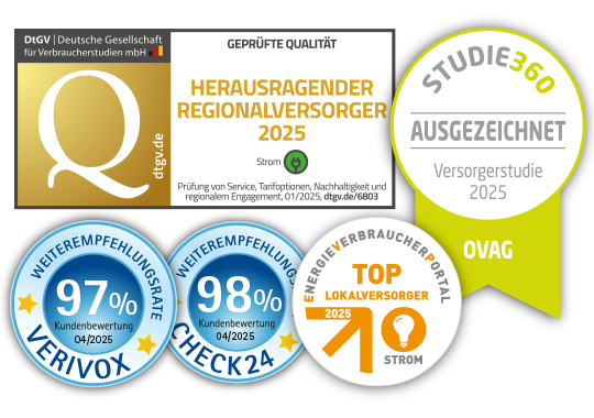 Auszeichnungen: Herausragender Regionalversorger 2022 (dtgv.de), TOP-Lokalversorger 2024 - Kundenempfehlungsrate von 97% bei Verivox und 100% bei Check24 (05/2024)